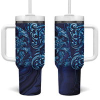 New Zealand Connecting with Seas Tumbler With Handle Maori Tribal and Sea Animals Tattoo - Sea Texture Glass Style LT03 One Size: 40 oz Navy - Polynesian Pride