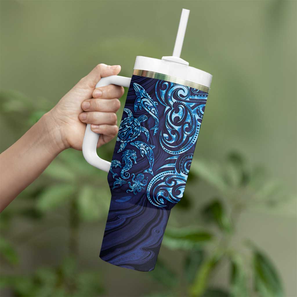 New Zealand Connecting with Seas Tumbler With Handle Maori Tribal and Sea Animals Tattoo - Sea Texture Glass Style LT03 - Polynesian Pride
