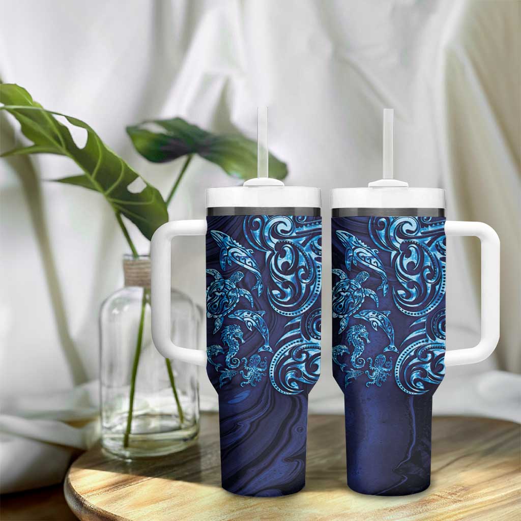 New Zealand Connecting with Seas Tumbler With Handle Maori Tribal and Sea Animals Tattoo - Sea Texture Glass Style LT03 - Polynesian Pride