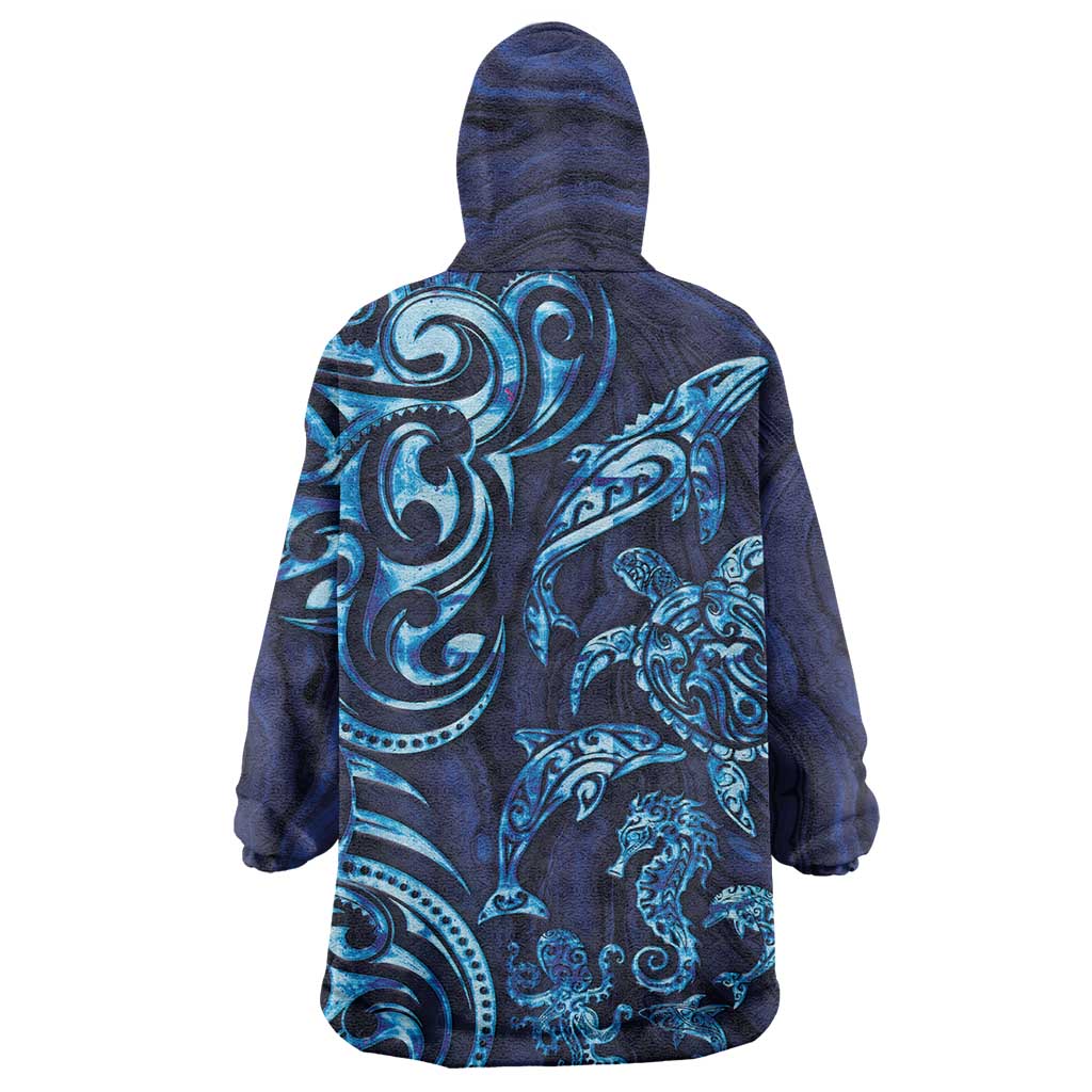 New Zealand Connecting with Seas Wearable Blanket Hoodie Maori Tribal and Sea Animals Tattoo - Sea Texture Glass Style LT03 - Polynesian Pride