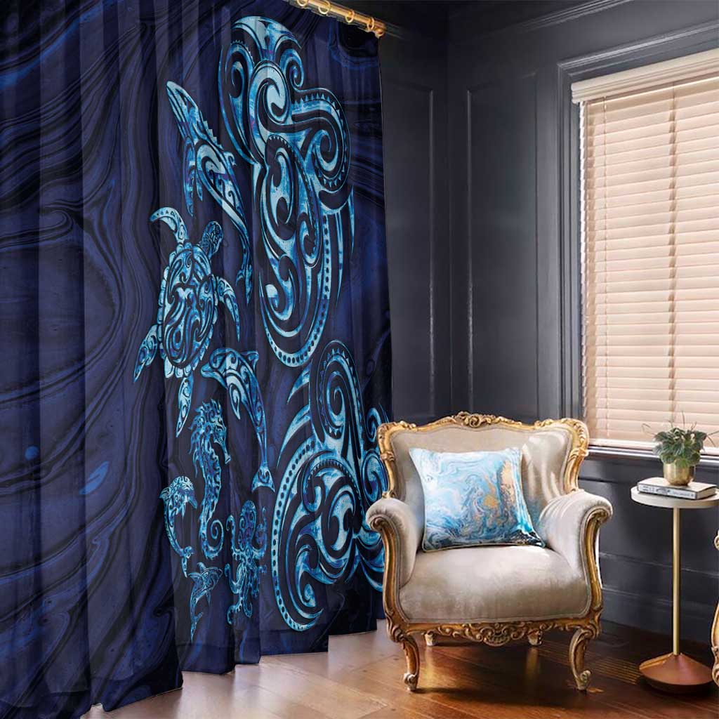 New Zealand Connecting with Seas Window Curtain Maori Tribal and Sea Animals Tattoo - Sea Texture Glass Style LT03 - Polynesian Pride