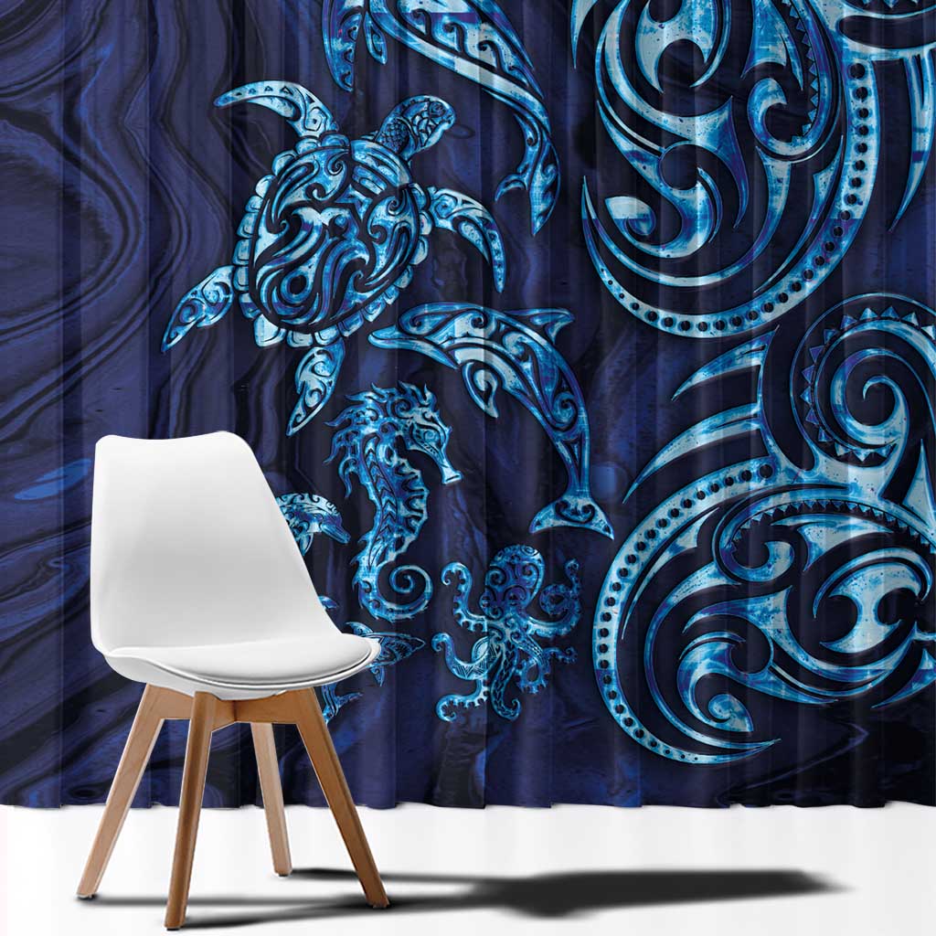 New Zealand Connecting with Seas Window Curtain Maori Tribal and Sea Animals Tattoo - Sea Texture Glass Style LT03 - Polynesian Pride