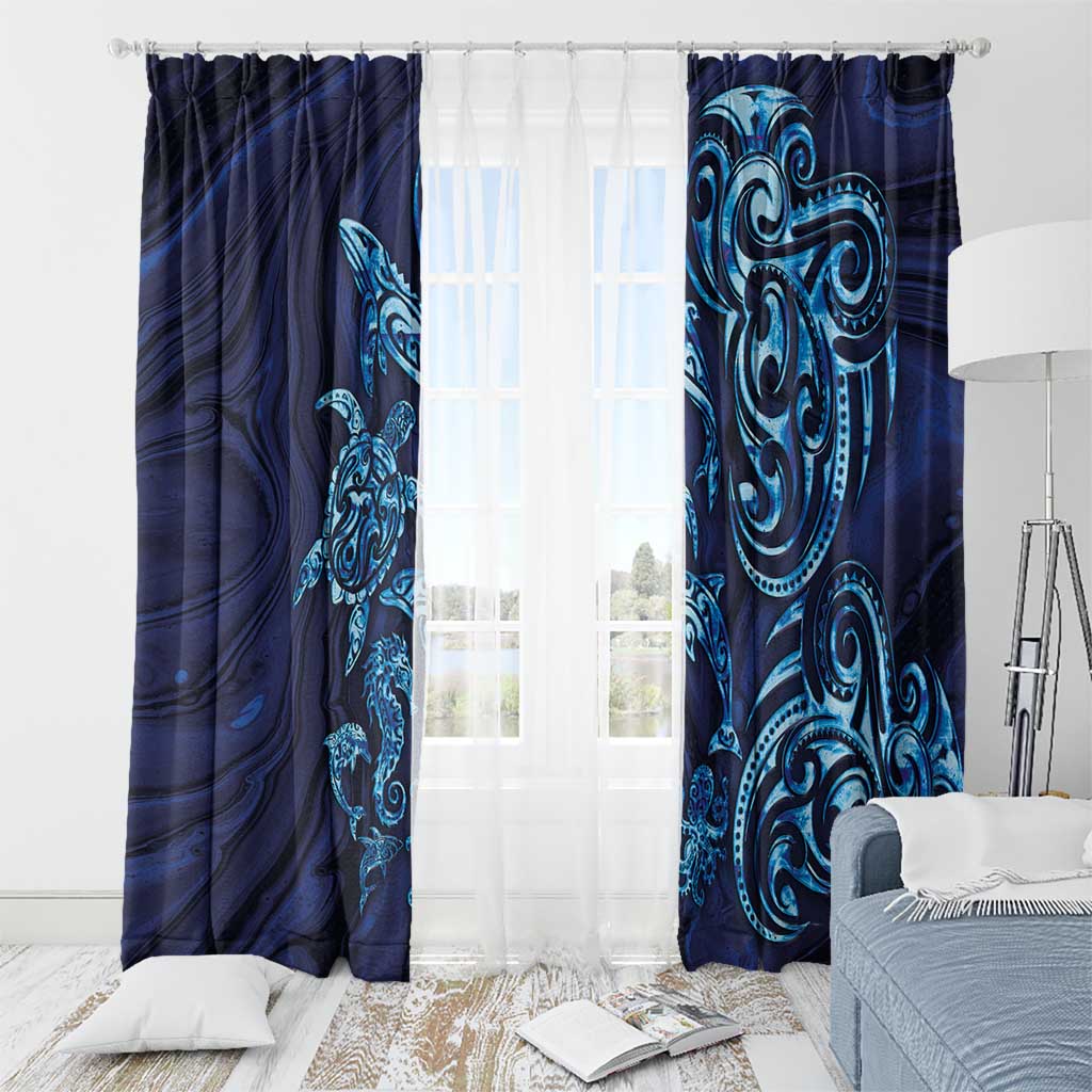New Zealand Connecting with Seas Window Curtain Maori Tribal and Sea Animals Tattoo - Sea Texture Glass Style LT03 - Polynesian Pride