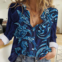 New Zealand Connecting with Seas Women Casual Shirt Maori Tribal and Sea Animals Tattoo - Sea Texture Glass Style LT03 Female Navy - Polynesian Pride