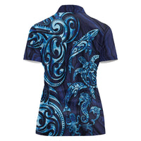 New Zealand Connecting with Seas Women Polo Shirt Maori Tribal and Sea Animals Tattoo - Sea Texture Glass Style LT03 - Polynesian Pride