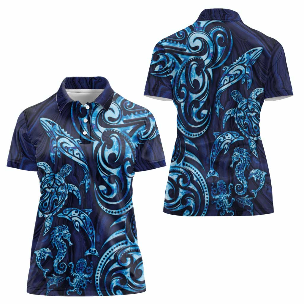 New Zealand Connecting with Seas Women Polo Shirt Maori Tribal and Sea Animals Tattoo - Sea Texture Glass Style LT03 - Polynesian Pride