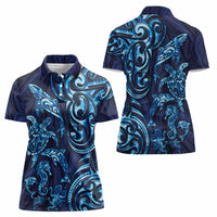 New Zealand Connecting with Seas Women Polo Shirt Maori Tribal and Sea Animals Tattoo - Sea Texture Glass Style LT03 - Polynesian Pride