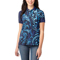 New Zealand Connecting with Seas Women Polo Shirt Maori Tribal and Sea Animals Tattoo - Sea Texture Glass Style LT03 - Polynesian Pride