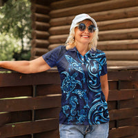 New Zealand Connecting with Seas Women Polo Shirt Maori Tribal and Sea Animals Tattoo - Sea Texture Glass Style LT03 - Polynesian Pride