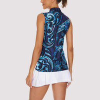 New Zealand Connecting with Seas Women Sleeveless Polo Shirt Maori Tribal and Sea Animals Tattoo - Sea Texture Glass Style