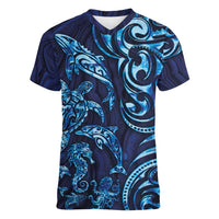 New Zealand Connecting with Seas Women V-Neck T-Shirt Maori Tribal and Sea Animals Tattoo - Sea Texture Glass Style
