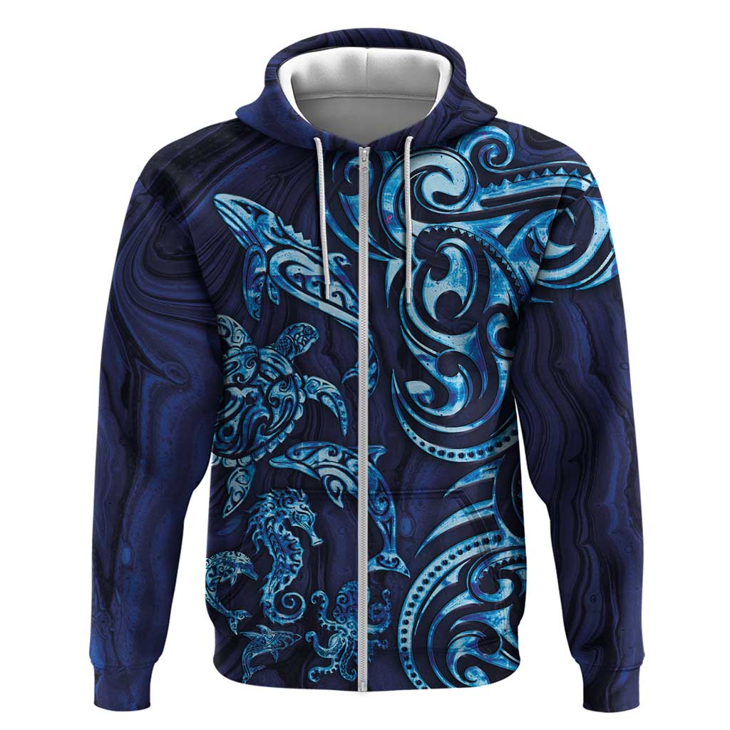 New Zealand Connecting with Seas Zip Hoodie Maori Tribal and Sea Animals Tattoo - Sea Texture Glass Style LT03 Zip Hoodie Navy - Polynesian Pride