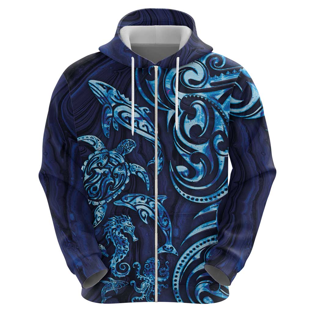 New Zealand Connecting with Seas Zip Hoodie Maori Tribal and Sea Animals Tattoo - Sea Texture Glass Style LT03 - Polynesian Pride