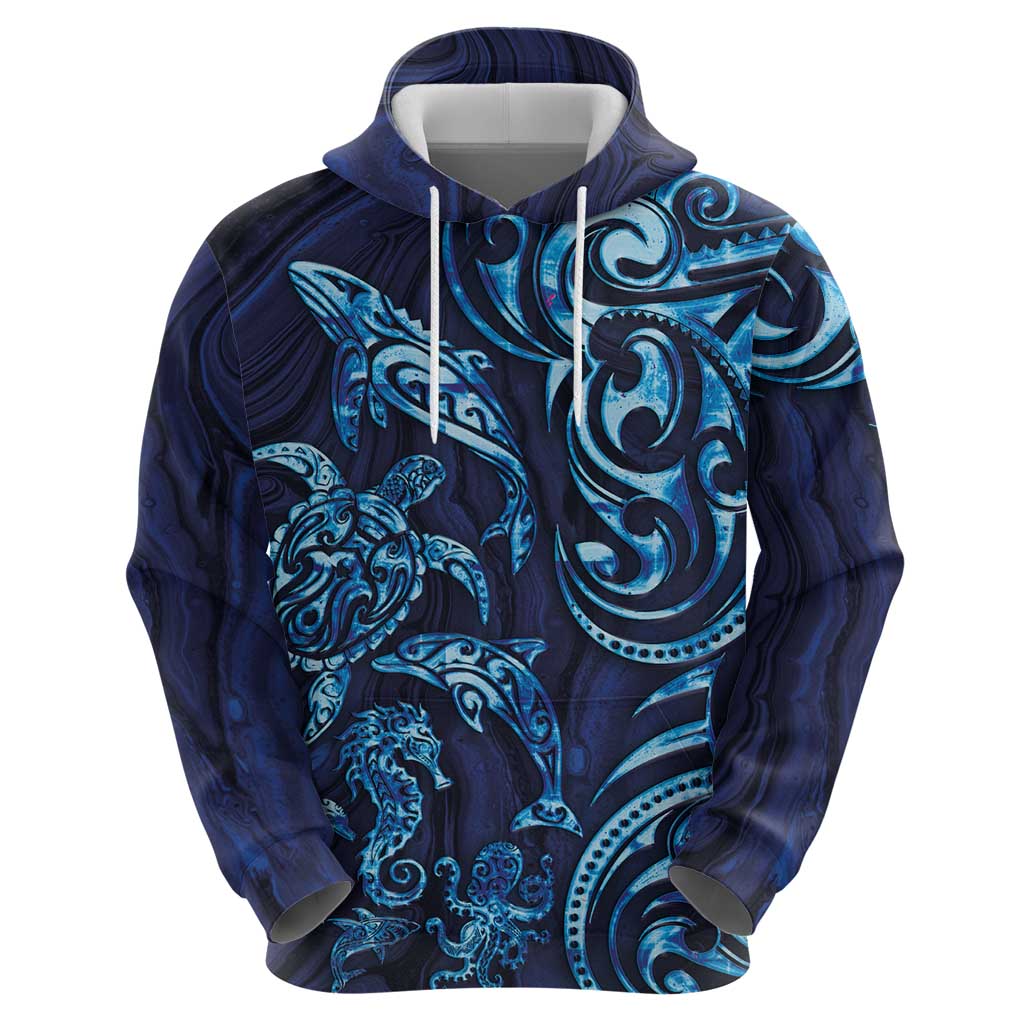 New Zealand Connecting with Seas Zip Hoodie Maori Tribal and Sea Animals Tattoo - Sea Texture Glass Style LT03 - Polynesian Pride