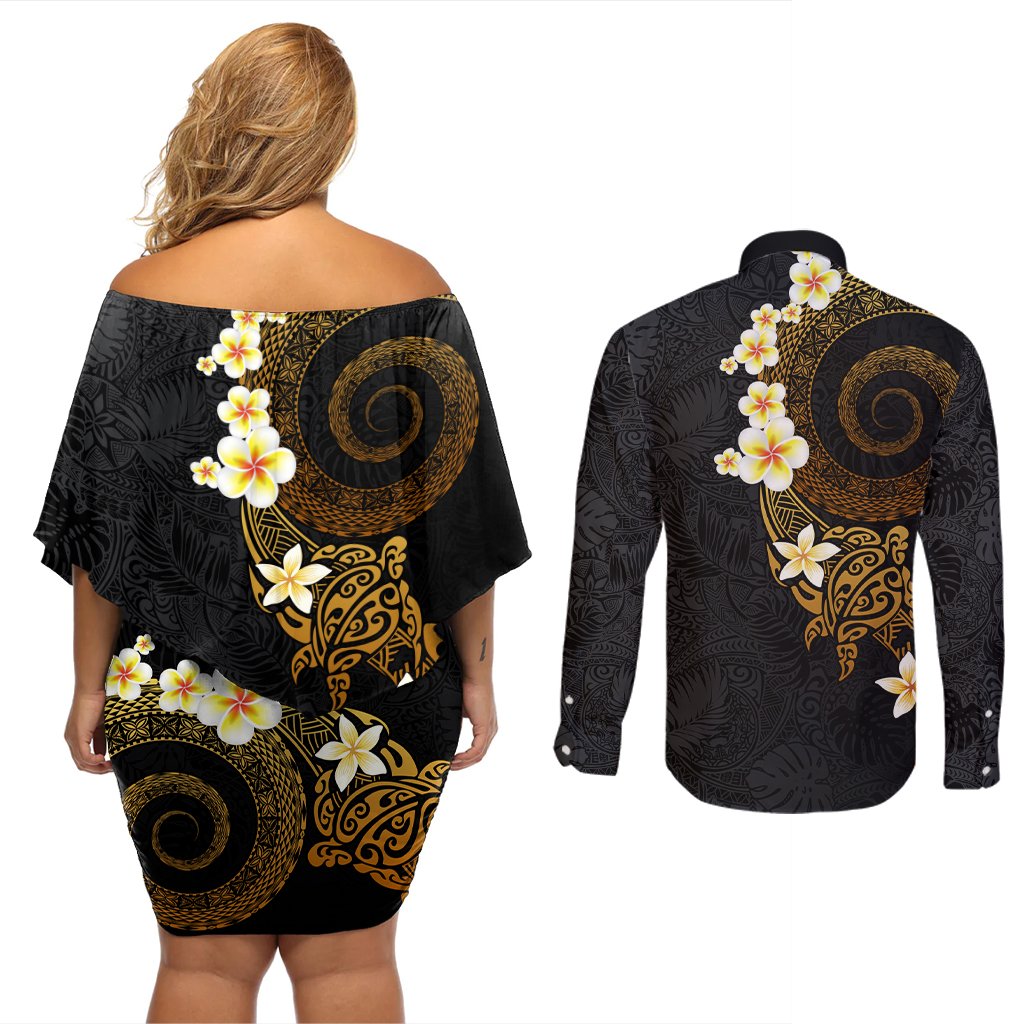Polynesian Spiral Tribal Tattoo Couples Matching Off Shoulder Short Dress and Long Sleeve Button Shirt Golden Color LT03 - Polynesian Pride