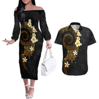 Polynesian Spiral Tribal Tattoo Couples Matching Off The Shoulder Long Sleeve Dress and Hawaiian Shirt Golden Color LT03 Yellow - Polynesian Pride
