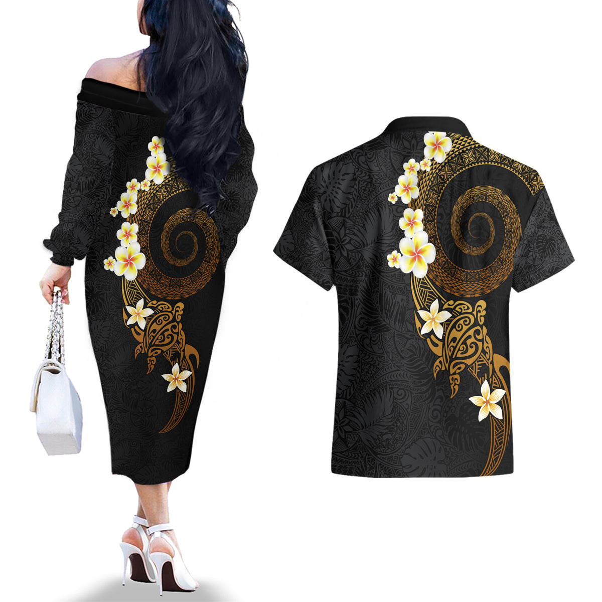 Polynesian Spiral Tribal Tattoo Couples Matching Off The Shoulder Long Sleeve Dress and Hawaiian Shirt Golden Color LT03 - Polynesian Pride