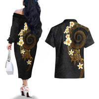 Polynesian Spiral Tribal Tattoo Couples Matching Off The Shoulder Long Sleeve Dress and Hawaiian Shirt Golden Color LT03 - Polynesian Pride