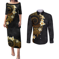 Polynesian Spiral Tribal Tattoo Couples Matching Puletasi and Long Sleeve Button Shirt Golden Color