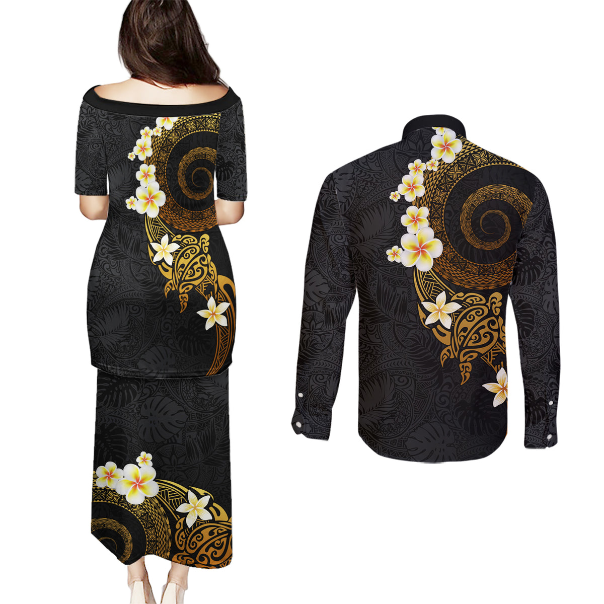 Polynesian Spiral Tribal Tattoo Couples Matching Puletasi and Long Sleeve Button Shirt Golden Color
