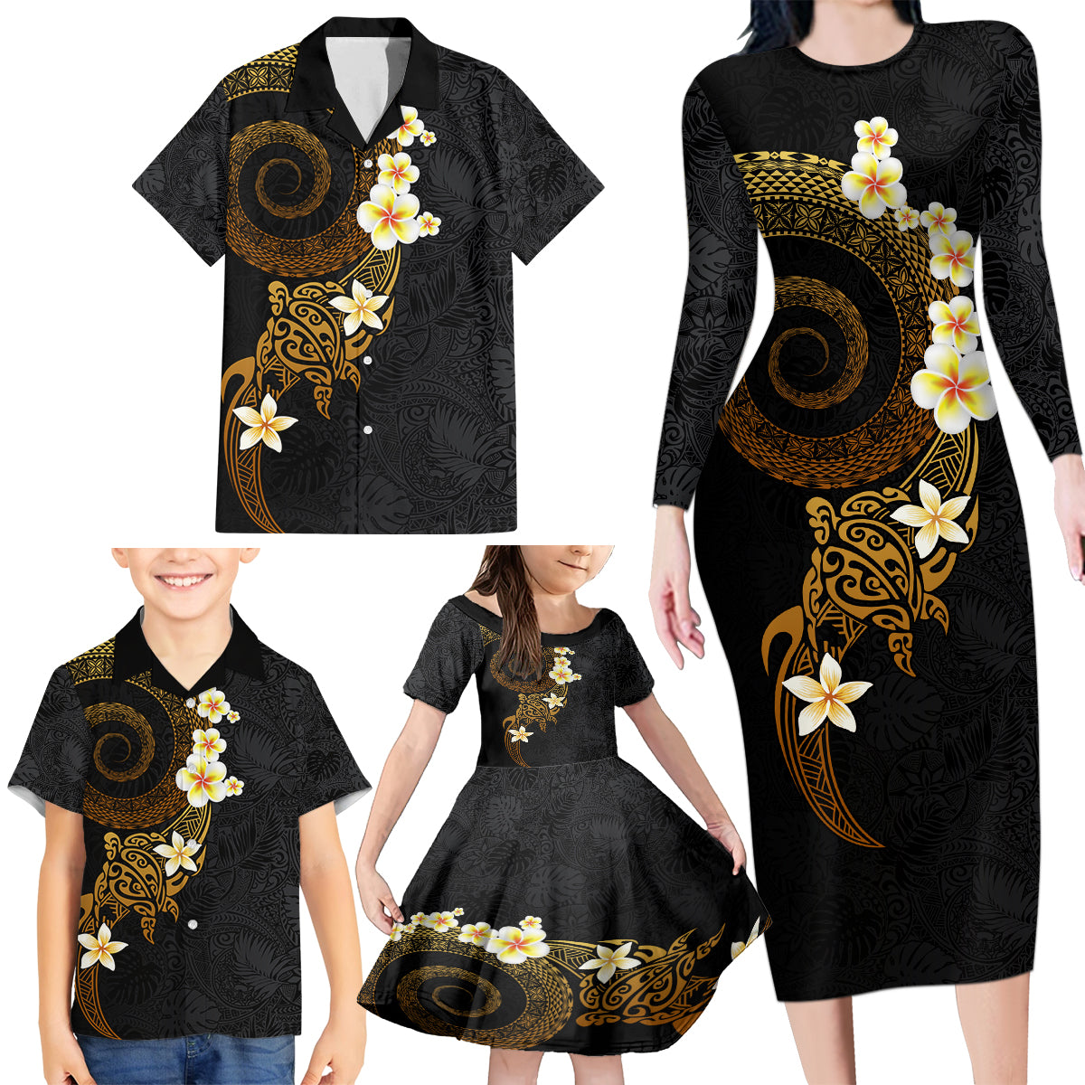 Polynesian Spiral Tribal Tattoo Family Matching Long Sleeve Bodycon Dress and Hawaiian Shirt Golden Color LT03 - Polynesian Pride