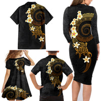 Polynesian Spiral Tribal Tattoo Family Matching Long Sleeve Bodycon Dress and Hawaiian Shirt Golden Color LT03 - Polynesian Pride