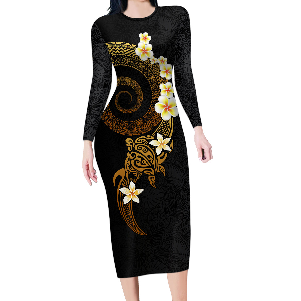 Polynesian Spiral Tribal Tattoo Family Matching Long Sleeve Bodycon Dress and Hawaiian Shirt Golden Color LT03 Mom's Dress Yellow - Polynesian Pride