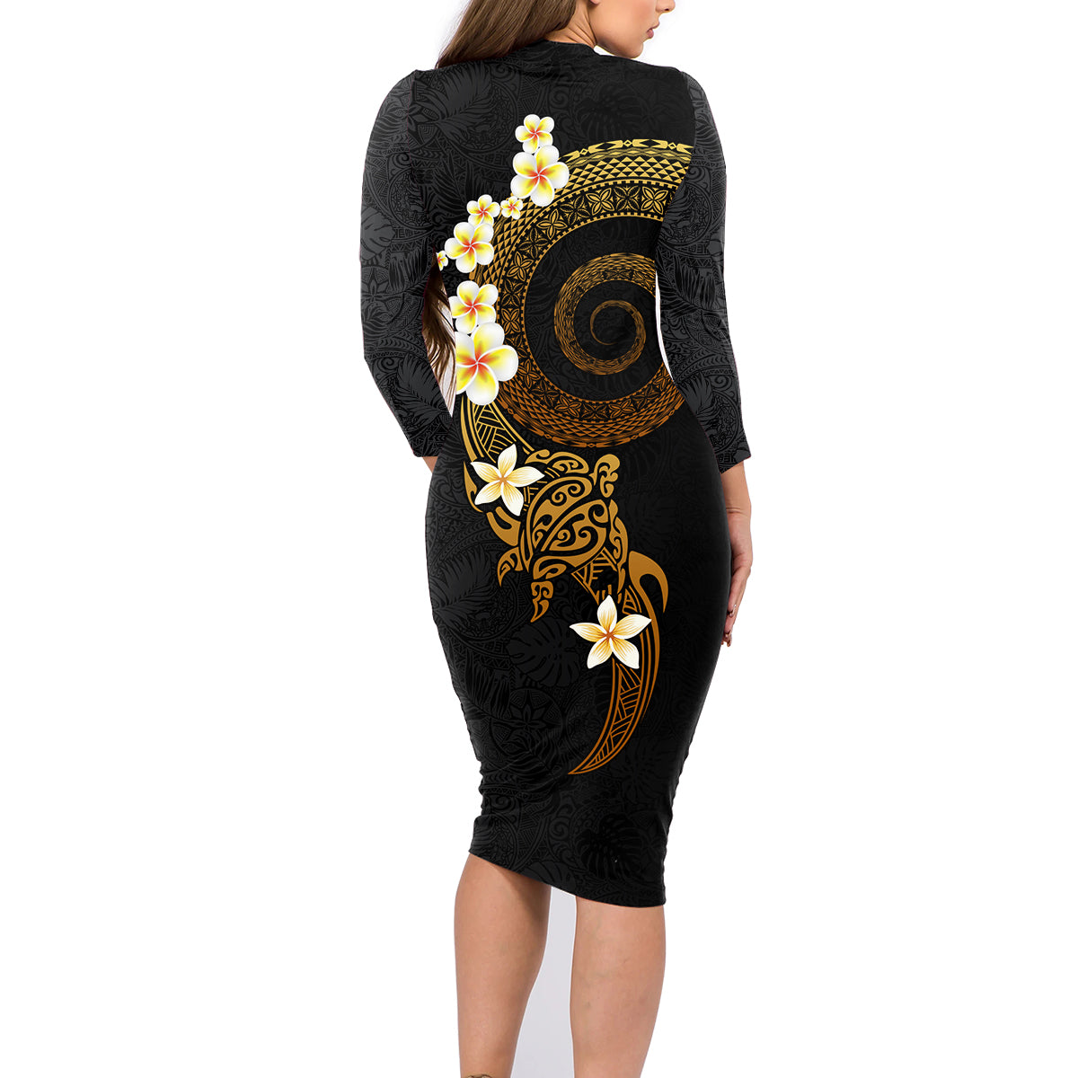 Polynesian Spiral Tribal Tattoo Family Matching Long Sleeve Bodycon Dress and Hawaiian Shirt Golden Color LT03 - Polynesian Pride