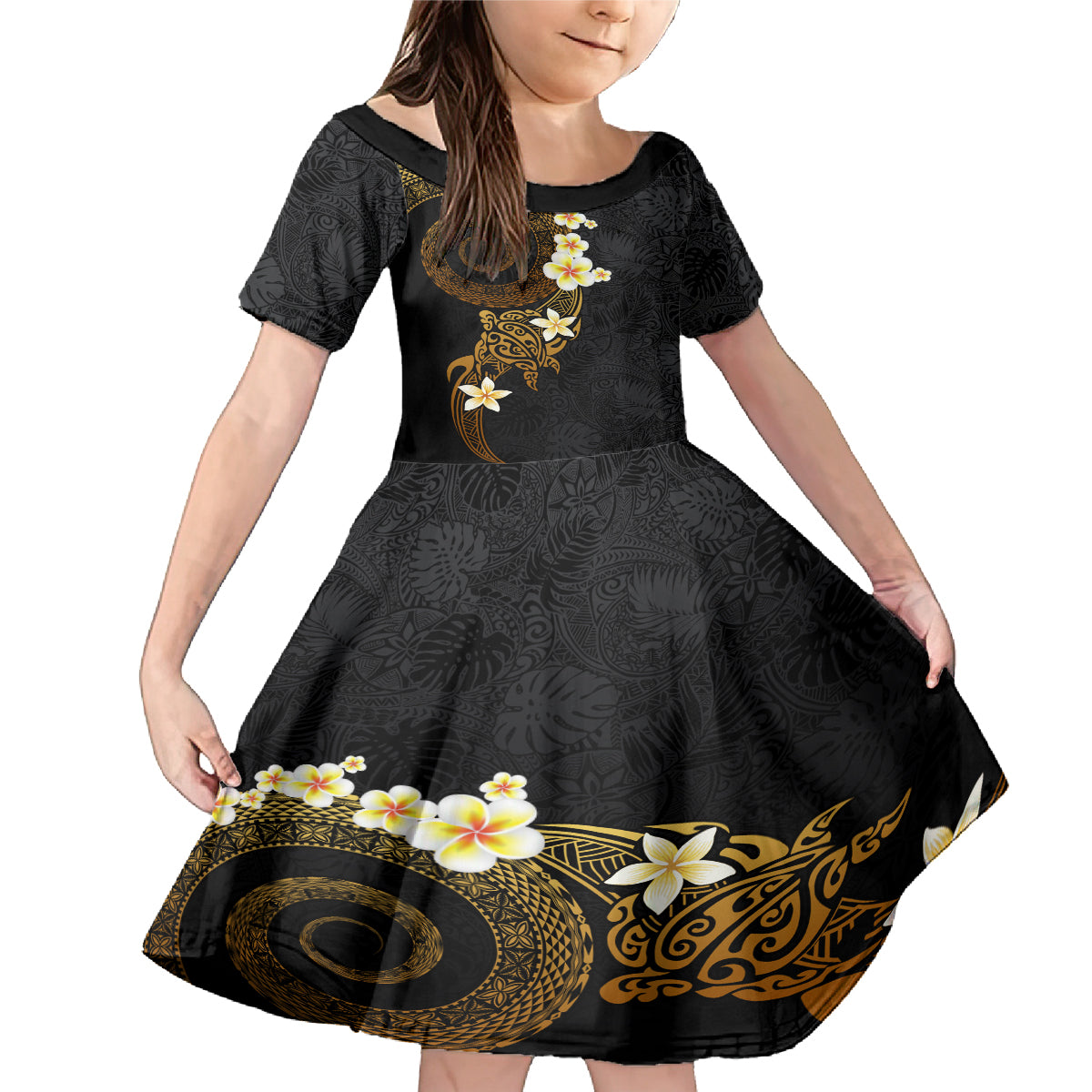Polynesian Spiral Tribal Tattoo Family Matching Mermaid Dress and Hawaiian Shirt Golden Color LT03 Daughter's Dress Yellow - Polynesian Pride
