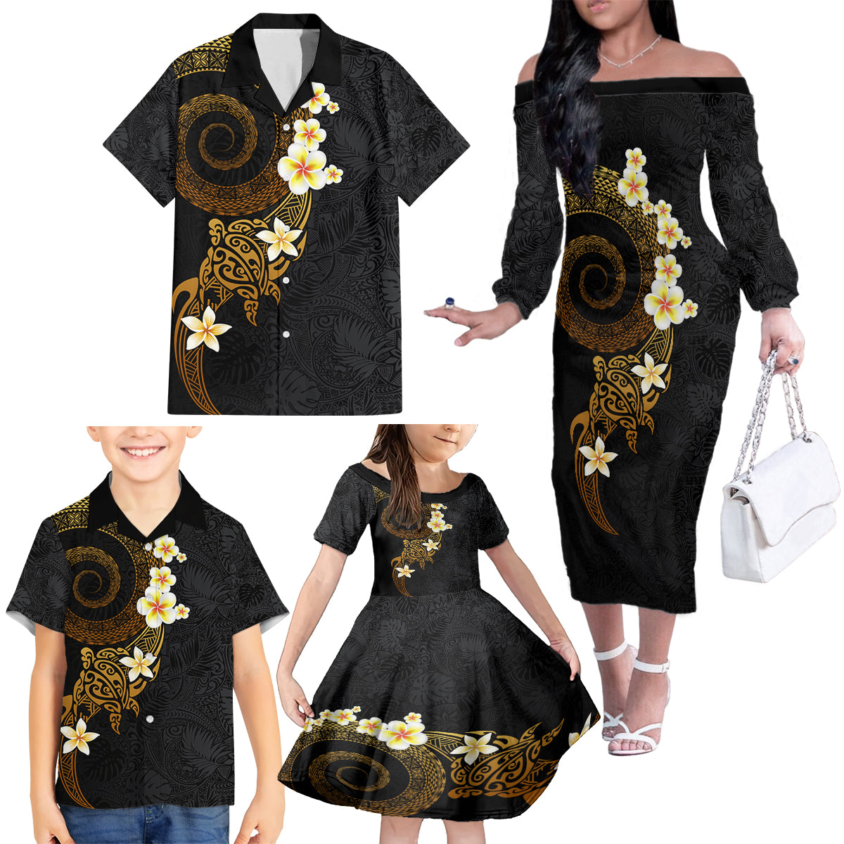 Polynesian Spiral Tribal Tattoo Family Matching Off The Shoulder Long Sleeve Dress and Hawaiian Shirt Golden Color LT03 - Polynesian Pride