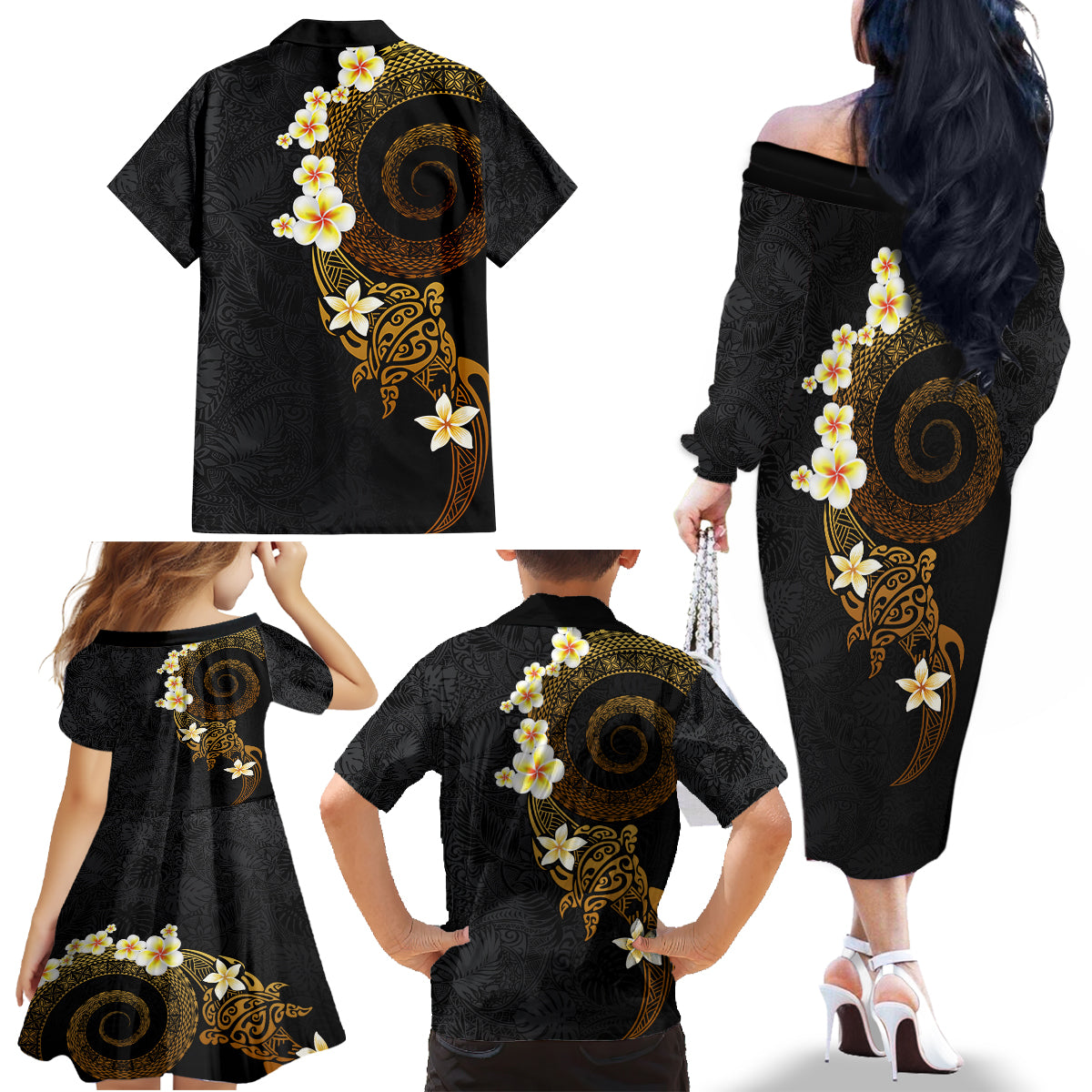 Polynesian Spiral Tribal Tattoo Family Matching Off The Shoulder Long Sleeve Dress and Hawaiian Shirt Golden Color LT03 - Polynesian Pride
