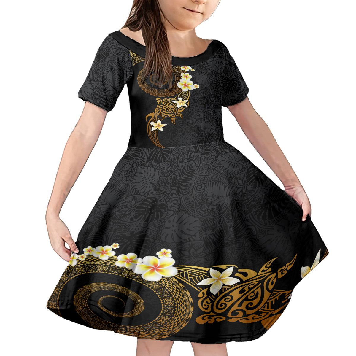 Polynesian Spiral Tribal Tattoo Family Matching Off Shoulder Maxi Dress and Hawaiian Shirt Golden Color LT03 Daughter's Dress Yellow - Polynesian Pride