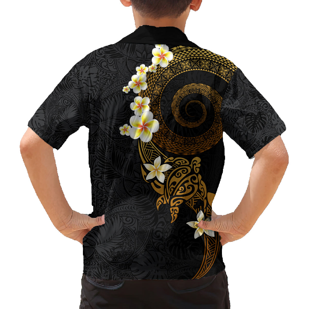 Polynesian Spiral Tribal Tattoo Family Matching Off Shoulder Short Dress and Hawaiian Shirt Golden Color LT03 - Polynesian Pride