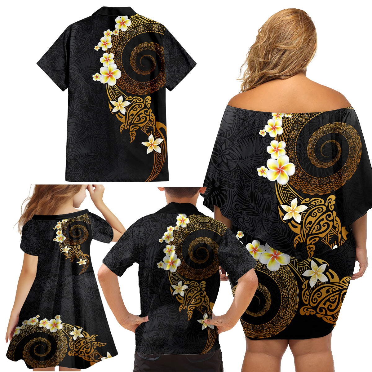 Polynesian Spiral Tribal Tattoo Family Matching Off Shoulder Short Dress and Hawaiian Shirt Golden Color LT03 - Polynesian Pride