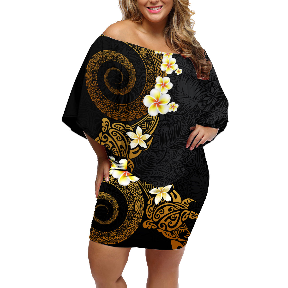 Polynesian Spiral Tribal Tattoo Family Matching Off Shoulder Short Dress and Hawaiian Shirt Golden Color LT03 Mom's Dress Yellow - Polynesian Pride