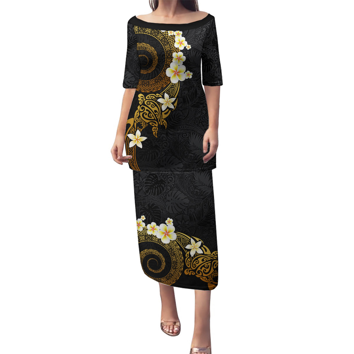 Polynesian Spiral Tribal Tattoo Family Matching Puletasi and Hawaiian Shirt Golden Color LT03 Mom's Dress Yellow - Polynesian Pride