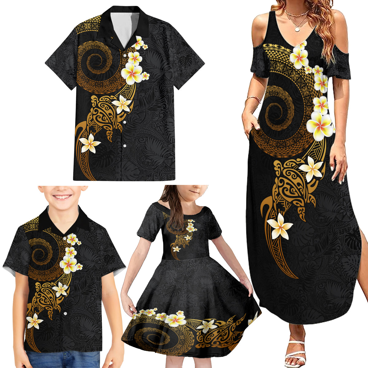 Polynesian Spiral Tribal Tattoo Family Matching Summer Maxi Dress and Hawaiian Shirt Golden Color LT03 - Polynesian Pride