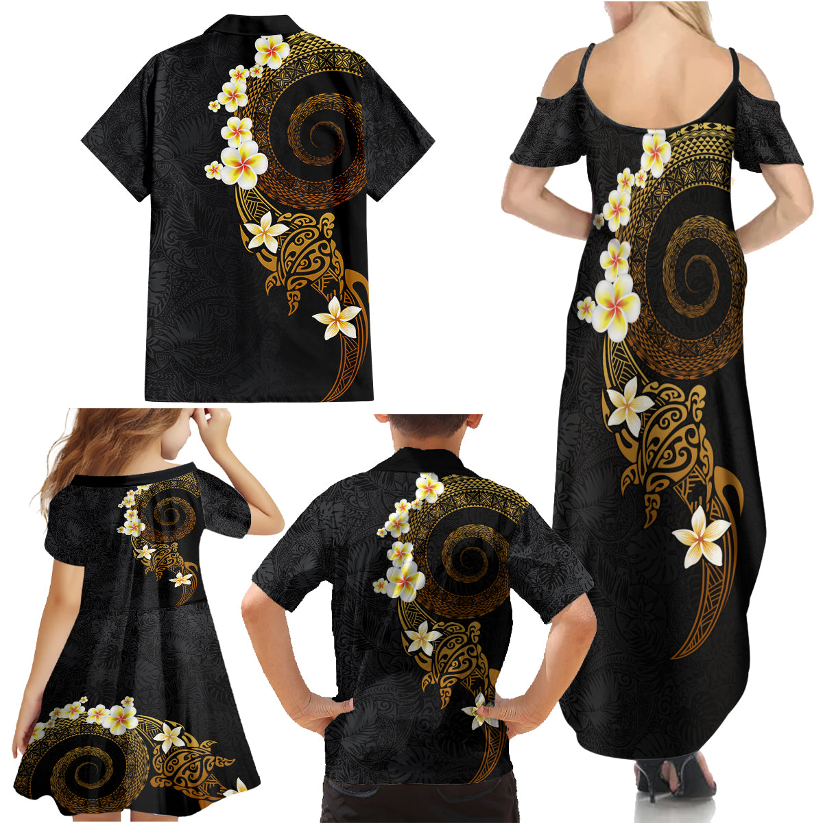 Polynesian Spiral Tribal Tattoo Family Matching Summer Maxi Dress and Hawaiian Shirt Golden Color LT03 - Polynesian Pride