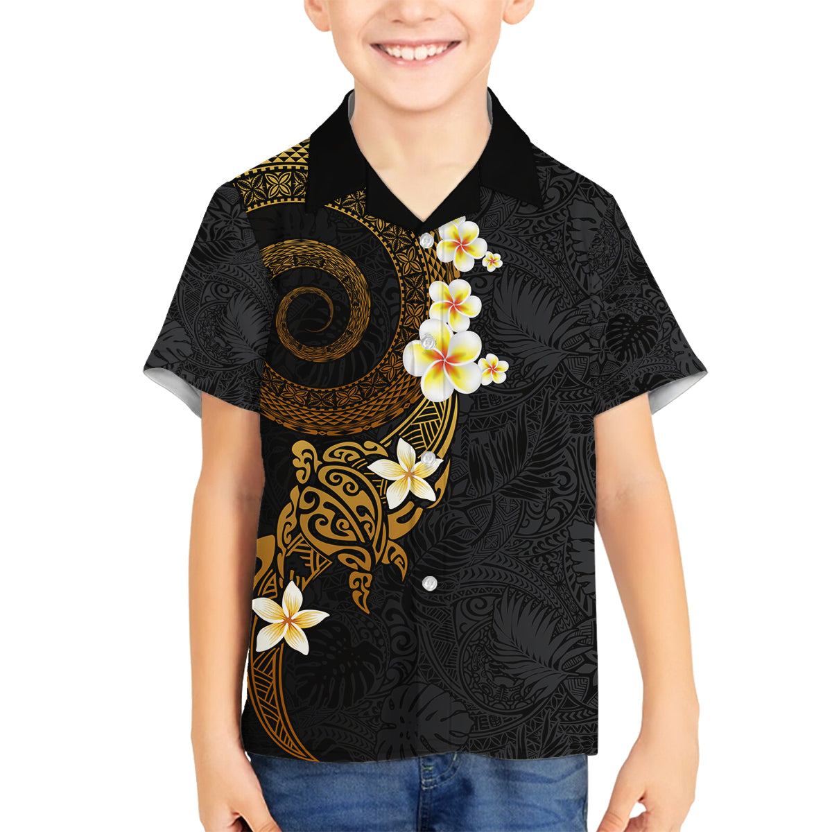 Polynesian Spiral Tribal Tattoo Family Matching Summer Maxi Dress and Hawaiian Shirt Golden Color LT03 Son's Shirt Yellow - Polynesian Pride