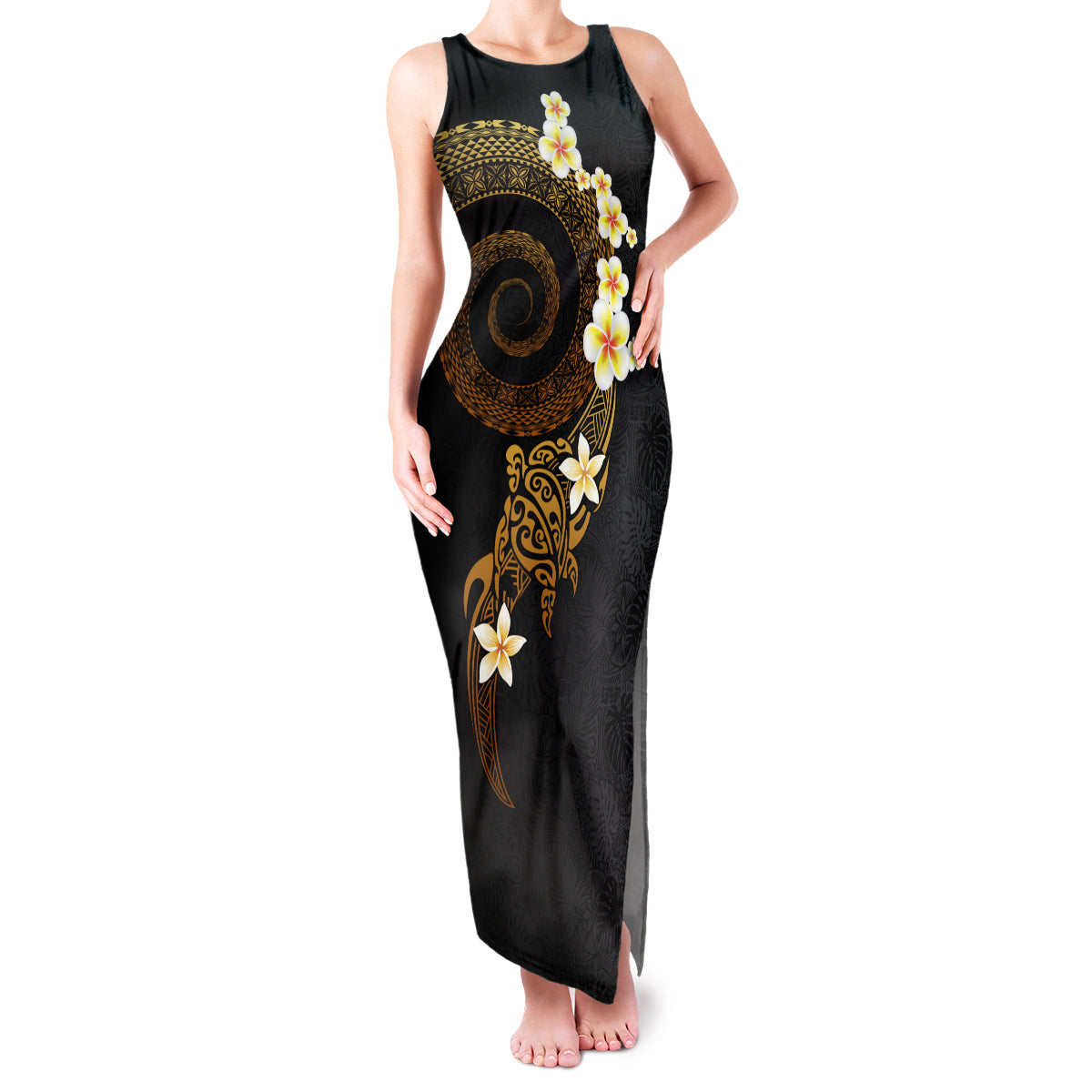 Polynesian Spiral Tribal Tattoo Family Matching Tank Maxi Dress and Hawaiian Shirt Golden Color LT03 Mom's Dress Yellow - Polynesian Pride