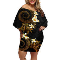 Polynesian Spiral Tribal Tattoo Off Shoulder Short Dress Golden Color