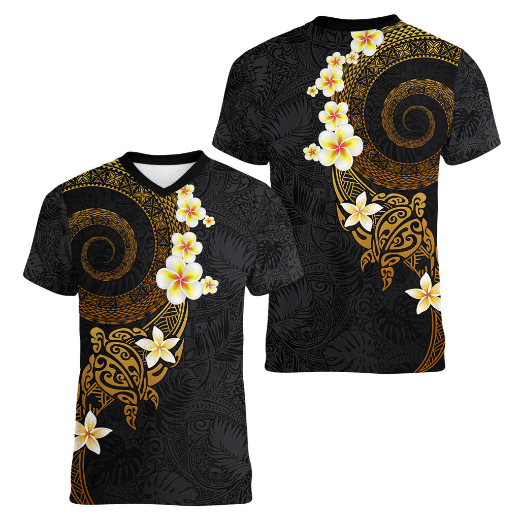 Polynesian Spiral Tribal Tattoo Women V Neck T Shirt Golden Color