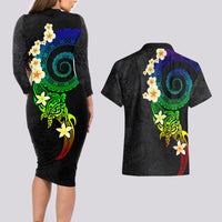 Polynesian Spiral Tribal Tattoo Couples Matching Long Sleeve Bodycon Dress and Hawaiian Shirt Fanciful Color LT03 - Polynesian Pride