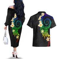 Polynesian Spiral Tribal Tattoo Couples Matching Off The Shoulder Long Sleeve Dress and Hawaiian Shirt Fanciful Color LT03 - Polynesian Pride