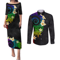Polynesian Spiral Tribal Tattoo Couples Matching Puletasi and Long Sleeve Button Shirt Fanciful Color