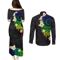 Polynesian Spiral Tribal Tattoo Couples Matching Puletasi and Long Sleeve Button Shirt Fanciful Color