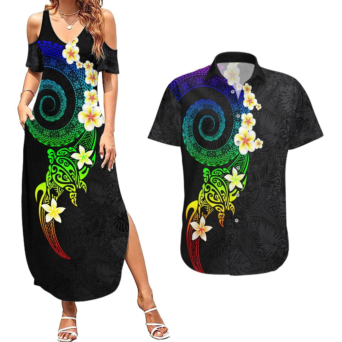 Polynesian Spiral Tribal Tattoo Couples Matching Summer Maxi Dress and Hawaiian Shirt Fanciful Color LT03 Black - Polynesian Pride