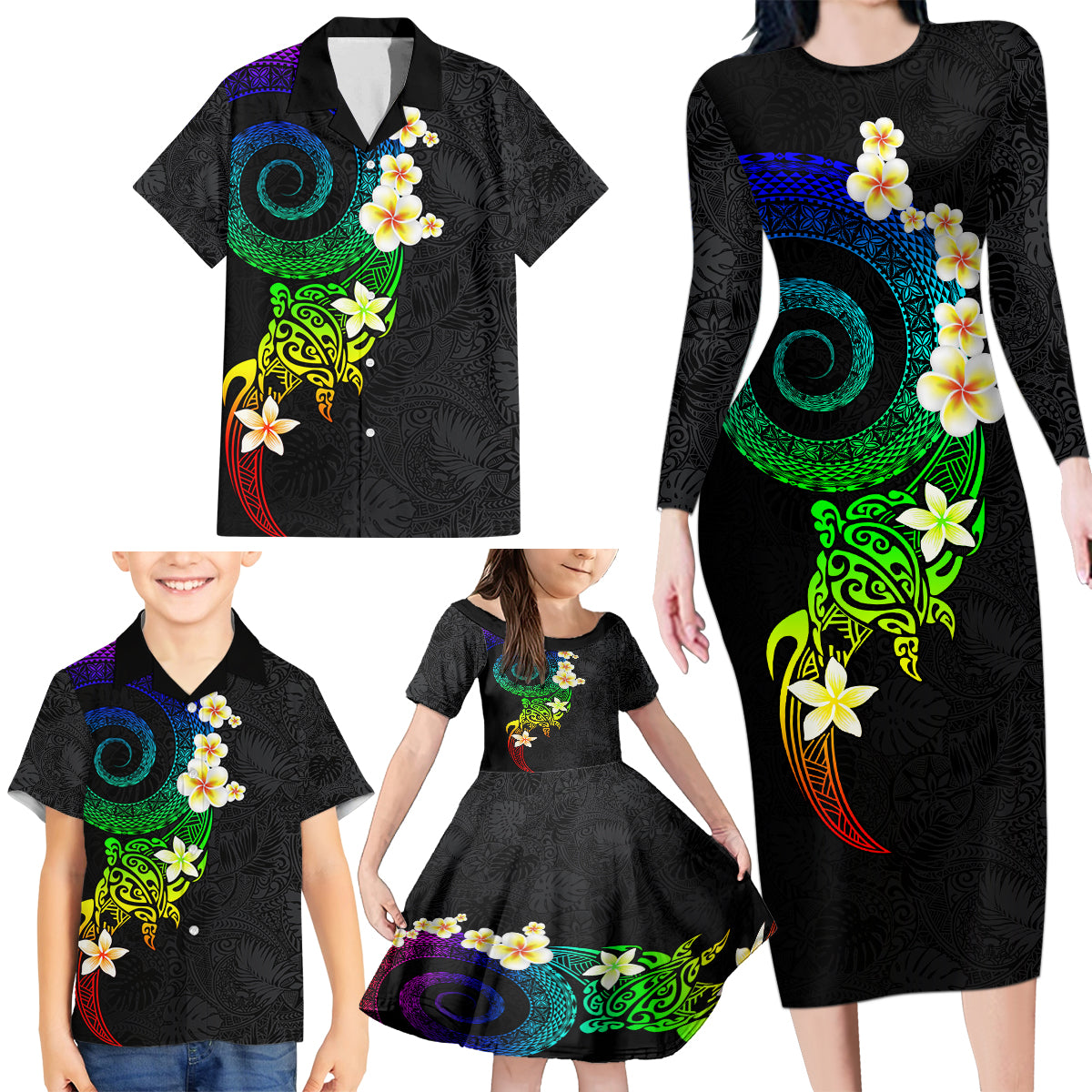 Polynesian Spiral Tribal Tattoo Family Matching Long Sleeve Bodycon Dress and Hawaiian Shirt Fanciful Color LT03 - Polynesian Pride