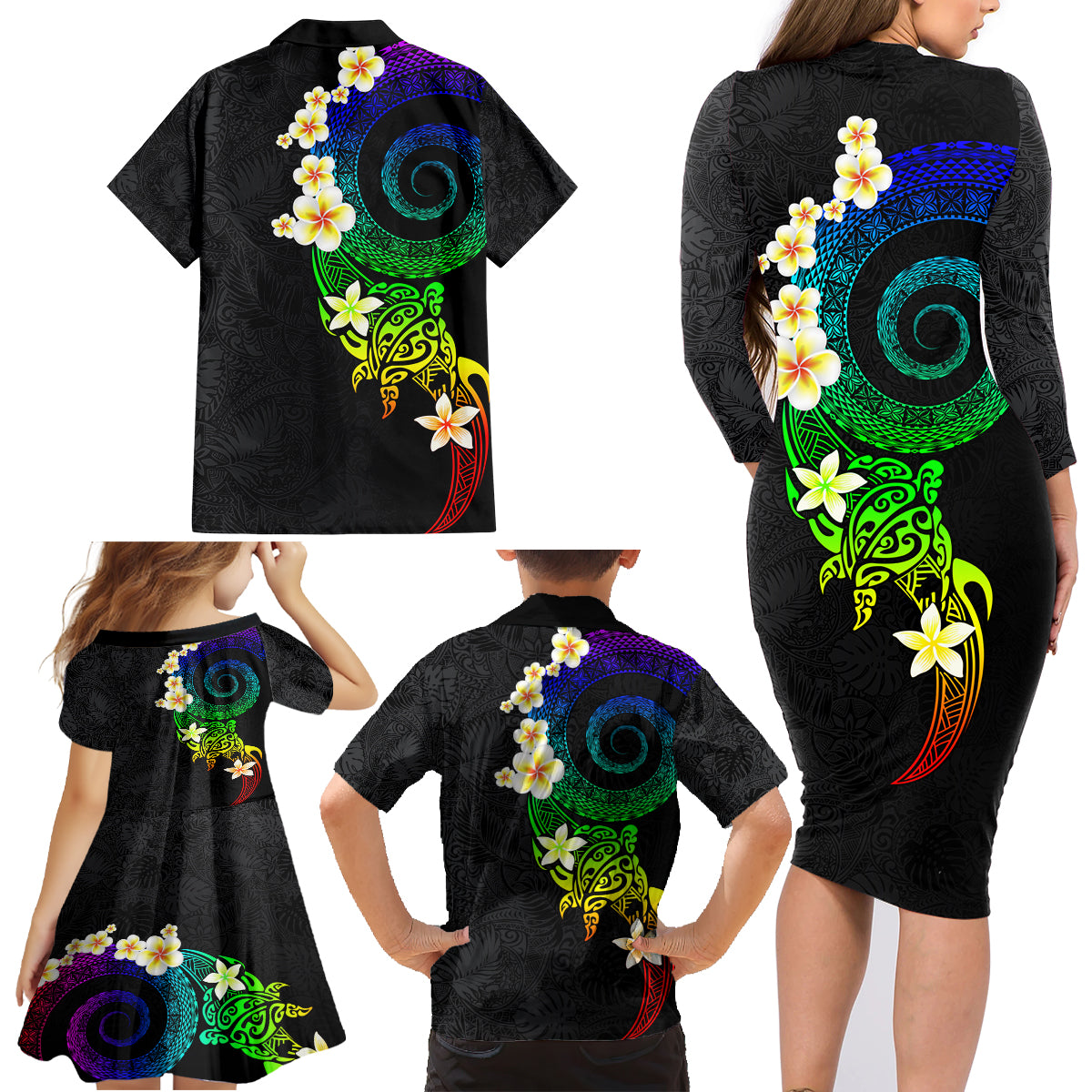 Polynesian Spiral Tribal Tattoo Family Matching Long Sleeve Bodycon Dress and Hawaiian Shirt Fanciful Color LT03 - Polynesian Pride