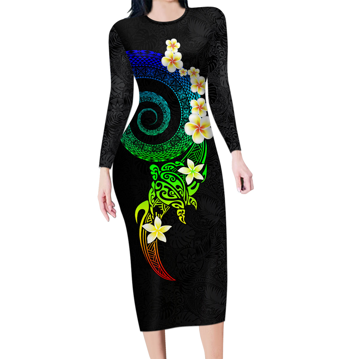 Polynesian Spiral Tribal Tattoo Family Matching Long Sleeve Bodycon Dress and Hawaiian Shirt Fanciful Color LT03 Mom's Dress Black - Polynesian Pride